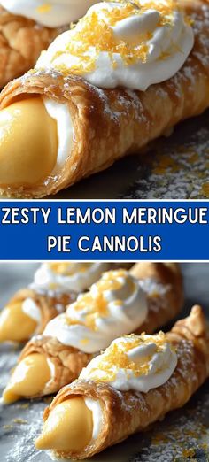 lemon meringue pies with white icing on top and the words zesty lemon meringue pie cannolis