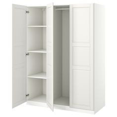 an open white cabinet with shelves and doors on both sides, isolated against a white background