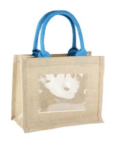 a small bag with a blue handle is shown on a white background and has an image of a dog in it