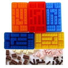 four legos are shown in different colors and sizes