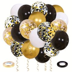 a bunch of black, white and gold balloons with confetti