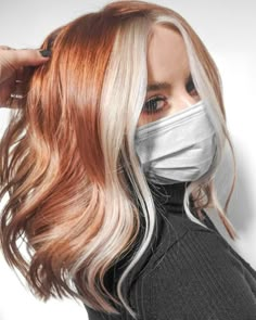 Split Hair Natural Color, Edgy Strawberry Blonde Hair, Copper Hair White Money Piece, Orange Brown And Blonde Hair, Copper Hair With Platinum Highlights, Ginger And Blonde Color Block Hair, Auburn With Blonde Underneath, Copper Orange Balayage, Ginger Split Dyed Hair