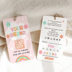 two tags with the words your brand and a price tag attached to them on a white sheet