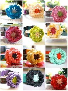 crocheted flowers are shown in different colors