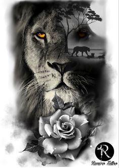 a lion with yellow eyes and a rose in front of the image is black and white