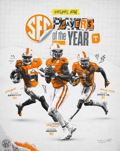 an orange and white poster with three football players