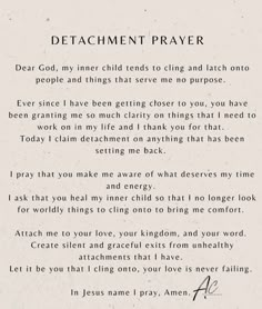 a poem written in black and white with the words detacment prayer on it