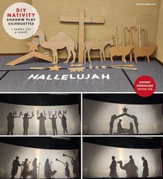 the silhouettes of people and animals are displayed in front of a wall that says haleuah