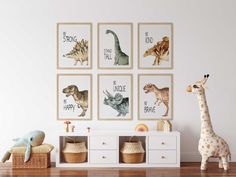 a child's room with toys and art on the wall, including giraffes