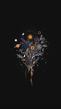 a bouquet of flowers on a black background with stars and moon in the sky above it