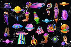 an image of the outer space with different things on it and stars in the background