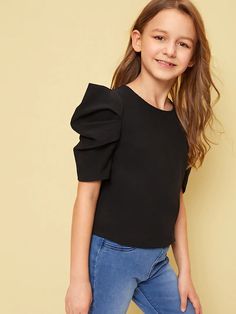 Top Shein, Girls Blouse, Plain Tops, Mesh Sleeves, Girls Fashion Clothes, Solid Tops, Girl Top, Kids Dress, Fashion Online Shop