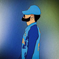 a drawing of a man with a beard wearing a blue baseball uniform and a hat