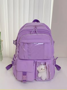 Purple Preppy Collar  Polyester Plain Classic Backpack,Laptop Backpack Embellished   Women Bags Purple School Bag Aesthetic, Purple Backpack Aesthetic, Purple School Bag, Mochila Aesthetic, Purple Preppy, Backpack Purple, Stylish School Bags, Functional Backpack, Purple Collar