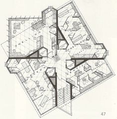 a drawing of a floor plan for a house with three floors and four rooms on each level