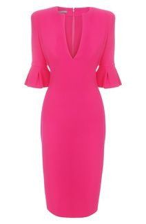 Elegant V-neck Bodycon Dress With Ruffles, Chic Pink Midi V-neck Dress, Formal Fitted V-neck Dress With Ruffles, Pink Feminine V-neck Dress For Formal Occasions, Elegant Pink Knee-length V-neck Dress, Pink V-neck Formal Dress, Elegant Pink V-neck Dress, Elegant Pink Bodycon Summer Dress, Elegant Pink Bodycon Dress For Summer