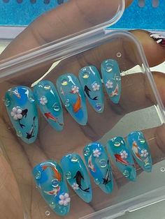 Cute koi pond nail set Can make in any length shape or size and length  Message me with nail size Koi Pond Nails, Fish Nails Designs, Koi Nails, College Nails, Fish Nails, Blue Stuff, Cute Simple Nails, Nail Stuff, Pretty Gel Nails