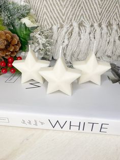 three white stars sitting on top of a book next to pine cones and evergreens