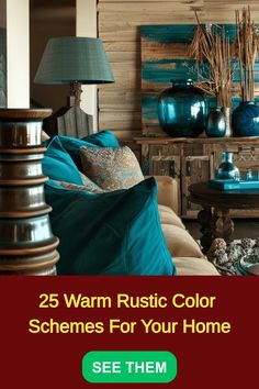 Cozy living room with teal accents and rustic decor, showcasing warm color schemes. Teal And Copper Bedroom, Blue Living Room Color, Rustic Color Schemes, Copper Living Room, Copper Bedroom, Teal Rooms, Rustic Color Palettes, Brown Dining Room, Living Room Turquoise