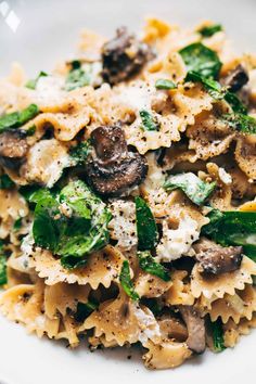 pasta with mushrooms, spinach and fettuccine on a white plate