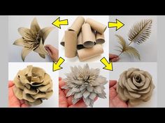 several pictures of different types of flowers made out of toilet rolls and rolled up paper