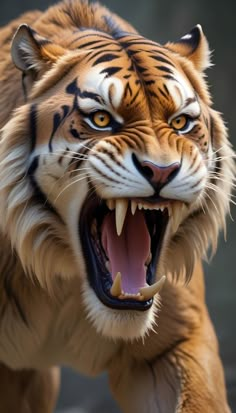 a close up of a tiger with it's mouth open