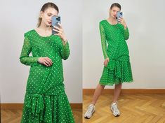 - Vintage 1980's green polka dot chiffon long sleeve dress with drop waist - Very good condition - 100% polyester - Tag size UK 36, USA 10, FR 30, please see measurements Measurements (laying flat): Shoulders: 43 cm / 16.9 inches Armpit to armpit: 44 cm / 17.3 inches Sleeve length: 59 cm / 23.2 inches Waist: 42 cm / 16.5 inches Length: 102 cm / 40.2 inches SHIPPING INFO: Shipping price in the listing is for the "Standard Latvian post shipping". Includes tracking info and takes: * 5-7 business da Dress Drop Waist, Long Sleeve Chiffon Dress, Drop Waist Dress, 80s Dress, Green Polka Dot, Long Sleeve Midi, Dress Long Sleeve, Long Sleeve Midi Dress, Waist Dress