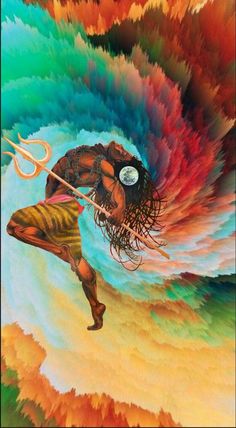 a painting with an image of a man holding a spear in front of a colorful wave