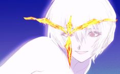 an anime character with white hair and blue eyes, wearing yellow lightnings on her forehead