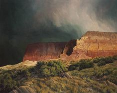 an oil painting of a mountain with clouds in the sky and grass on the ground