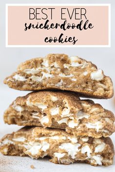 three cookies stacked on top of each other with the words best ever snickchendoodle cookies