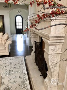 a living room filled with furniture and a fire place in the middle of a hallway