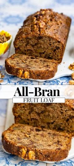 two pictures of slices of bread with nuts on top and the words all - bran fruit loaf