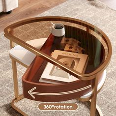 a coffee table with a glass top and an arrow pointing to the bottom that reads 360 proportion