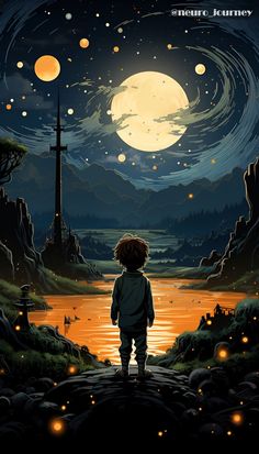 a little boy standing in front of a lake at night with the moon above him