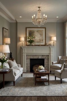 a living room filled with furniture and a fire place in front of a painting on the wall