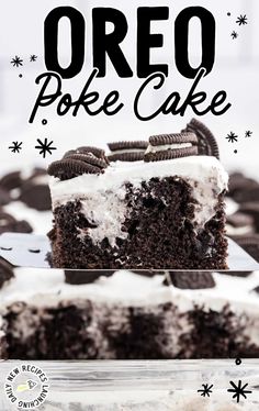 an oreo poke cake with white frosting on top