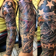 two eagle tattoos on both arms with the words f r h and an american flag