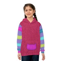 For toddlers and kids who are fans of Gabby's Dollhouse on Netflix-- this hooded sweatshirt is inspired by DJ Catnip! It has a pink illustrated "sparkle" print (not real glitter) and the sleeves look like his glowing purple legs and tail. Gabby Cat! Bonus- this is made of recycled material. .: Material: 95% recycled polyester, 5% spandex .: Medium fabric (7.5 oz /yd² (250 g/m .: Custom waistband label .: Sewn-in size and care label .: Seam thread color automatically matched to design .: Made and Dj Catnip Costume, Gabbys Dollhouse Cakey Cat Costume, Pink Fall Hoodie For School, Pink Hoodie For School In Fall, Playful Pink Hoodie For Fall, Playful Character Print Hoodie For Winter, Cute Multicolor Hoodie, Pink Hooded Top For Playtime, Casual Pink Hoodie For Playtime