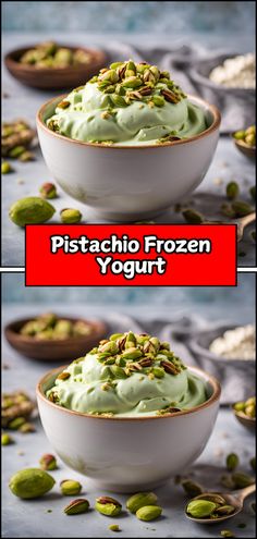 pistachio frozen yogurt with pistachio seeds in a white bowl