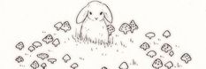 a drawing of a bunny in the grass with many little mushrooms around it and trees