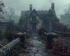 an old house in the middle of a foggy forest