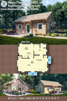 two story house plan with an attached garage and living area in the front, and second floor