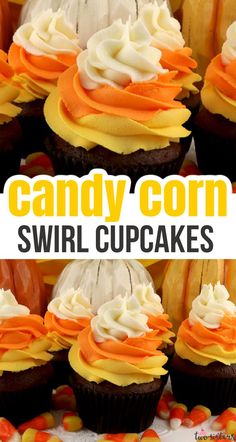 candy corn swirl cupcakes with white frosting and orange icing on top