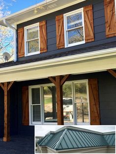 a house with wooden shutters on the front and side of it's windows