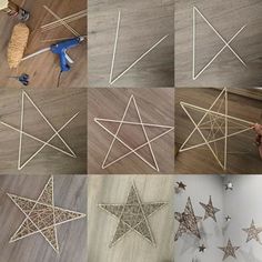 several different types of wooden stars are arranged on the floor, including one being made from string