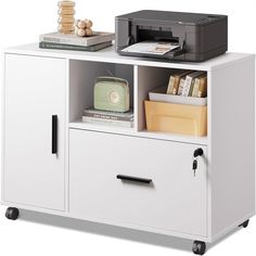 a white cabinet with a printer and other office supplies on it's top shelf