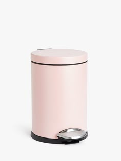 a pink trash can with a metal lid and black trim around the bottom, on a white background