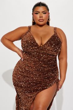 Available In Bronze. Sequin Maxi Dress Sleeveless Deep V-Neck Ruched High Slit Back Zipper Fully Lined Stretch Self/ Lining: 100% Polyester Imported | Claudia Sequin Maxi Dress in Bronze size 3X by Fashion Nova Fashion Nova Birthday Dress, Maxi Dress Sleeveless, 35th Birthday, Sequin Maxi Dress, Sequin Maxi, Birthday Dress, Dress Sleeveless, Birthday Dresses, Deep V Neck