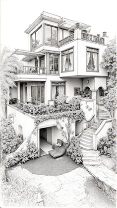 a drawing of a house with stairs leading up to it